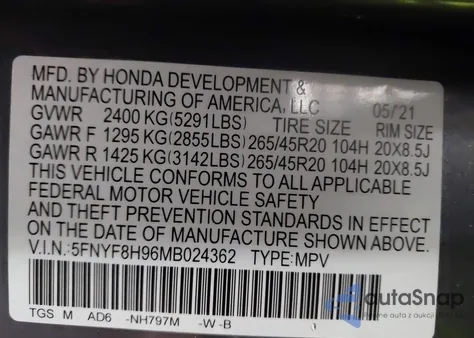 2021 Honda Passport Awd Touring from USA, damaged, VIN 5FNYF8H96MB024362